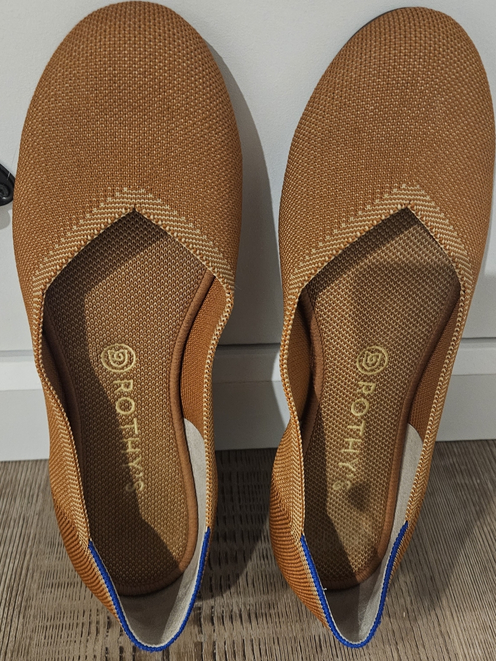 Rothy's Women's Slip-On Flats in Cognac with Blue Accent